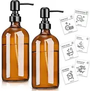 Euqvunn 2pcs Soap Dispenser 500ml Refillable Pump Bottle Dispensers with Stainless Steel Pump, Dish & Hand Soap Dispenser for Kitchen & Bathroom with 6 Labels