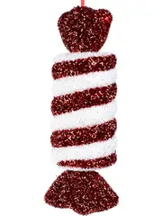 Red & White Metallic Tinsel Fleck Wrapped Candy Hanging Decoration - 34cm