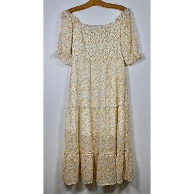 EMOFON Floral Smocked Dress Tiered Ruffle Midi Cottagecore Yellow L