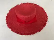 Halogen Womens Woven Straw Sun Hat Red Frayed Brim Bow-Tied Band One Size New