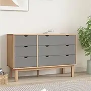 OTTA Wooden Drawer Cabinet, Solid Pinewood, 111x43x73.5 cm, 6-Drawer, Brown & Grey Scandinavian Style, Durable Storage Solution