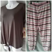 Muk Luks Brown Pink Pajama Set Hearts Long Pant Cap Sleeve Medium 42" Bust