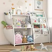 MEUIS White Kids Bookshelf and Toy Storage - Toy Organizer with Book Shelf 3 Tier Floor Small Bookcase Bedroom Nursery Kids Room Playroom