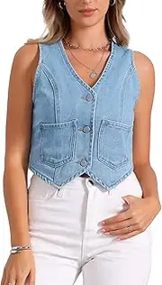 [Allegra K] Women's Denim Y2K Vest V-Neck Sleeveless Button Down Denim Vest Summer Crop Top, lightblue, Medium