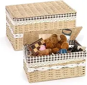[HUIRUMM] Hand Woven Shelf Basket,2 Pack Paper Rope Woven Storage Basket with Lid,Decorative Wicker Storage Hamper with Removable Liner Stackable Shelf Baskets for Countertop, Toys, Towels
