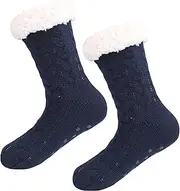 Women Slipper Fuzzy Socks, MH MOIHSING Winter Ladies Cozy Fluffy Cabin Warm Fleece Soft Comfy Thick Non Slip Home Socks Sherpa Lined Slipper Socks, Navy Blue