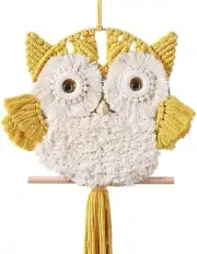 Owl Macrame Wall Hanging Boho Decor Handmade Woven Ornament Yellow 15W x 28L