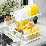 arshray Dish Drying Rack 2-Tier Dish Racks for Kitchen Counter, 360° Rotating Spout Auto-Draining Dish Rack, Large Capacity for Plates, Bowls, Cups, Tableware，Dish Drainer with Drainboard,White