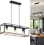 3 Light Pendant Fixture, Farmhouse Chandelier Light with Adjustable Height, Cage Island Lights for Kitchen Dining Room Living Room or Bar, Black,E27 Bulbs Included