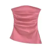 Plain Ruched Slit Tube Top Rose Red - S