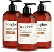 Soapbox Liquid Hand Soap, Coconut Milk & Sandalwood, Gentle & Moisturizing Hand Wash for Kitchen and Bathroom, Vegan & Cruelty Free Scented Hand Soap 12 Ounce Pump Bottles (Pack of 3)