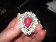 Huge Ornate Sterling Silver Ring with Pear Shaped Red Mookite Jasper Sz 7.75