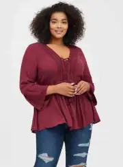 Torrid Babydoll Crinkle Gauze lace up peasant top