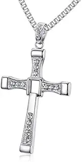 [GoFunway] Stainless Steel Big Cross Men's Necklaces Vin Diesel Crystal Zircon Large Cross Necklace With Silver Chain Movie Peripheral Jewelry Fast Furious Style Cross Pendant Necklace, Silver-Plated with Crystals