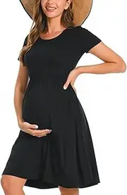 [Bearsland] Women's Long Sleeve Maternity Dresses Patchwork Pregnancy Dress with Pocket