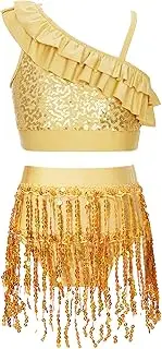 [Moggemol] Girls Sequin Crop Top with Sequins Tassel Briefs Jazz Latin Ballroom Performance Costume