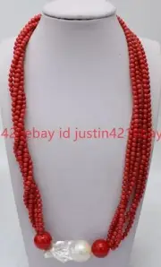 20'' 5 Strands 4mm Red Coral Round Beads White Keshi Baroque Pearl Necklace