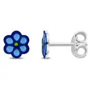 Amour Sterling Silver Blue Enamel Flower Stud Earrings