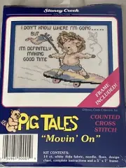 Counted Cross Stitch Kit~Pig Tales “Moving on"~With Frame 5x7” Skateboarding Pig