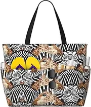 [Ghjkfbf] Zebra And Giraffe Print Large Capacity Beach Travel Bag For Family, Beach Tote Bag For Women With Zipper Pockets, Black, One Size
