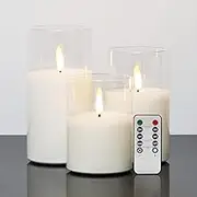 Flameless Candle Battery Operated, Flameless Candle with Remote Timer, LED Flameless Flickering 3D Wick Pillar Candle for Holiday Weddings, Christmas Home Party Decorations (White, Pack of 3)
