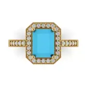2.84 ct Emerald Halo Turquoise Stone Promise Bridal Wedding Ring 14k Yellow Gold