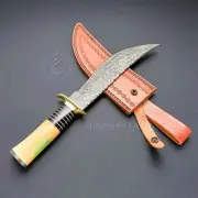 Handmade Damascus Bowie Jango Hunter Knife Dyed Bone Handle Free Leather Sheath.