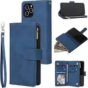 [UEEBAI] Wallet Case for iPhone 12 iPhone 12 Pro 6.1 inch, Premium Vintage PU Leather Magnetic Closure Handbag Zipper Pocket Case Kickstand Card Holder Slots with Wrist Strap Flip Case - Blue