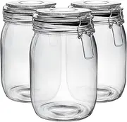Argon Tableware Glass Jars with Airtight Metal Clip Lid - 1000ml/33.8oz - 3 Pack - 4 Colour Seals - Large Kitchen Storage Container Round Preserving Jar for Pickling, Chutney, Jam, Coffee