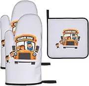 School Bus Print Cooking Oven Mitts and Pot Holders Set Heat Resistant Nonslip Waterproof Baking