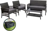 Gardeon 4PCS Outdoor Sofa Set with Storage Cover Wicker Harp Chair Table Grey