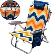 SunnyFeel Reclining Beach Chair Outdoor Folding Lounge Chairs for Adults 5 Position Adjustable with Cooler Bag and Cushioned Neck Rest Backpack Straps, Orange Wave