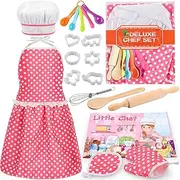 Kids Cooking Baking Set 19Pcs, Kids Chef Role Play Costume Set - Chef Hat and Matching Pink Apron Children Dress up Pretend Gift for 3 4 5 6 7 8 Year Old Girls Toys