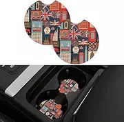 2 Pack Car Cup Holder Coaster, 2.7 Inch Non-Slip Insert England Symbols Car Coaster with Finger Notch, Absorbent Drink Coaster Car Cup Mat, Car Interior Accessories for Women Men
