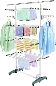 Todeco Clothes Drying Rack, 4 Tier Foldable Laundry Drying Rack with Extended Top Bar,High Load Capacity Stainless Steel Space-Saving Clothes Airer with 2 Extra Adjustable Dry Rail Hanger,Teal