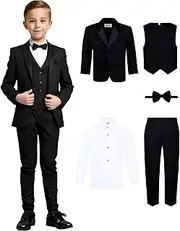 [S.H. Churchill & Co.] Boys 5 Piece Tuxedo Set - Includes Formal Jacket, Pants, Shirt, Vest & Bow Tie - Black