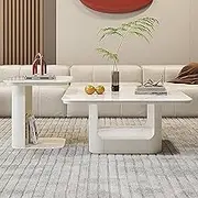 2-piece nesting side table, square combination coffee table, stackable coffee decorative table, slate small coffee table, partitioned storage space, suitable for living room, office(White,23.6+17.7in)