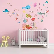 AnFgiure Marine Animal Baby Wall Decals - Kids Nursery Bathroom Wall Stickers - Shark Sea Dolphin Fish Sea Turtle Ocean Octopus Beach Wall Decor