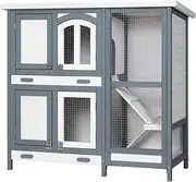 i.Pet Chicken Coop Wooden Rabbit Hutch, Bunny Cage Rabbits Wood Pet House Run Cages Guinea Pig Ferret Ladder, Outdoor Metal Door Roof Tray Weatherproof Farm 2 Level
