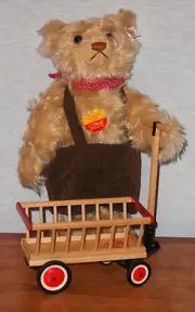 STEIFF CLUB COLLECTION 2002 MOHAIR JOINTED BEAR WITH WAGON 12" TALL NEW IN BOX