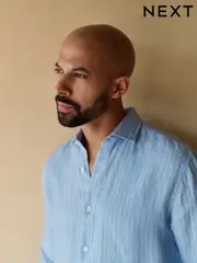Light Blue Regular Fit Stripe 100% Linen Basket Weave Long Sleeve Smart Shirt with Cutaway Collar (AL0325) | $106