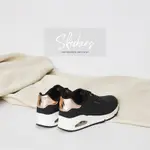 SKECHERS 休閒鞋 UNO-SHIMMER AWAY 女鞋 黑 金 氣墊 支撐 皮面 經典款 記憶型鞋墊 155196BLK