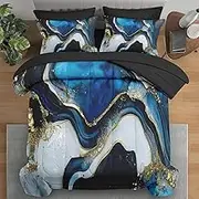 Pamnest Comforter Set Twin Size, Deep Blue Marble 5 Pcs Bedding Set for Kids and Adults, Gold Stone Bed Sheet Sets with Fitted Sheet Pillowcase & Sham for Bedroom Bed Decor