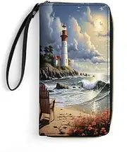 [BFGWK] Large Wallet Novelty Sea Lighthouse Sandbeach Printing Long Wallet With Zipper Leather Wallet Suitable For Both Men And Women, style, 19.7x10.5cm, Style, 19.7x10.5cm, 现代