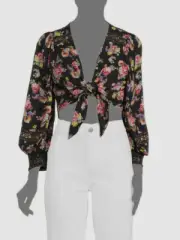 $351 Alice + Olivia Women's Black Floral Smocked Front Tie Blouse Top Size L