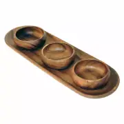 Pacific Merchants Acacia Wood 16" Baguette Tray w/ 3 4" Dipping Bowls - 4pc Set