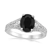 Oval Onyx and White Topaz Split Shank Ring in Sterling Silver