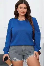 Chic dark blue plus size puff sleeve top