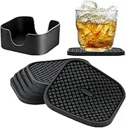 IYYI Silicone Coasters Set of 6, Drink Coasters with Holder, Non-Slip Cup Mat, Deep Tray Absorbent Coaster, Heat Resistant Countertop Protection (Black-Square)