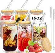 [KIVISOYI] Drinking Glasses with Bamboo Lids and Glass Straw, 6PCS 16oz Can Shaped Glass Cups, Iced Coffee Cup, Beer Glasses, Fit for Family Party Bar Coffee Shops